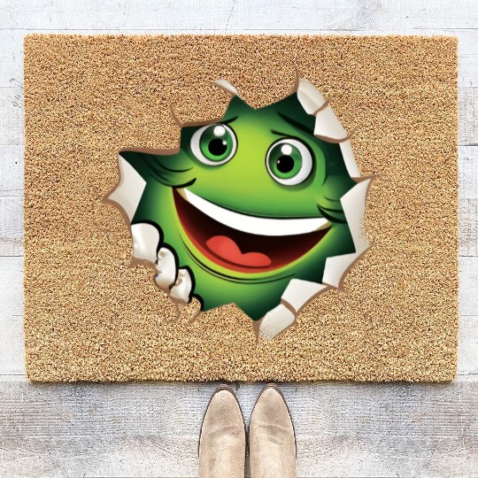 Cute Happy Green Monster Peeking Out Of a Hole Coir Doormats