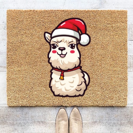 CUte Llama Wearing Santa Hat Coir Doormats