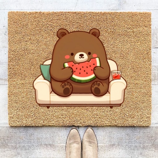 Cosy bear enjoying watermelon Coir Doormats