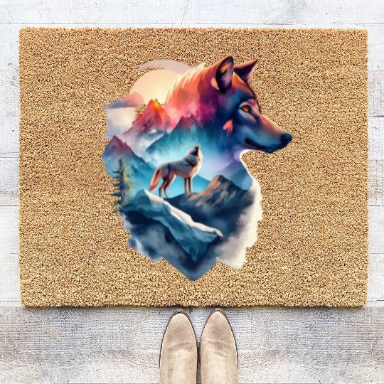 wolf and a mountain natural scenery Coir Doormats