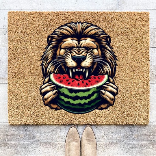 Lion enjoys watermelon Coir Doormats