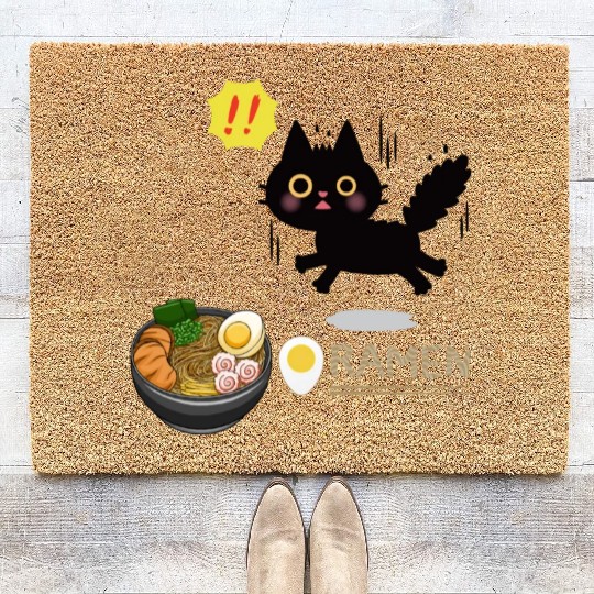 Surprised Ramen-Loving Black Cat Coir Doormats