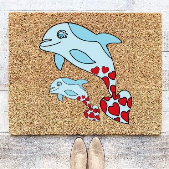 The Endearing Dance of Dolphin Mom and Kid Coir Doormats