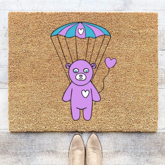 Cheerful Purple Teddy bear with a Heart Balloon Coir Doormats