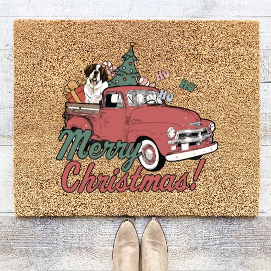 Vintage Red Pick Up Truck Merry Christmas Saint Coir Doormats