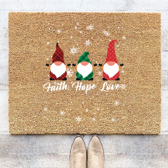 Faith Hope Love Religious Family Christmas Gnome Coir Doormats