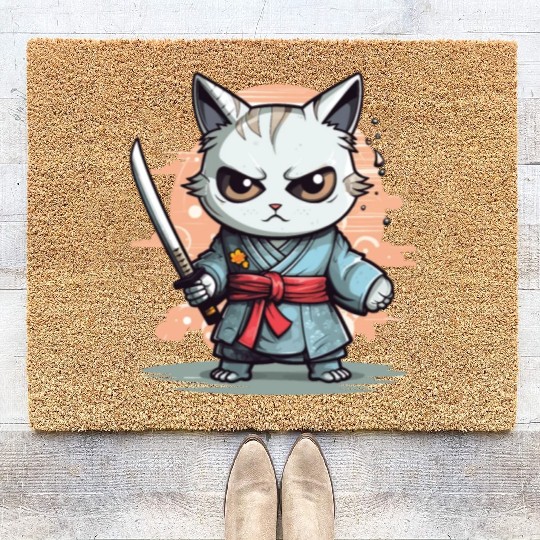 Cute Samurai Cat Kawaii Japanese Ronin Aesthetic A Coir Doormats