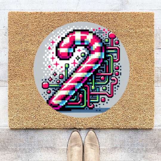 Neon Cyberpunk Candy Cane 8-Bit Pixel Christmas Coir Doormats