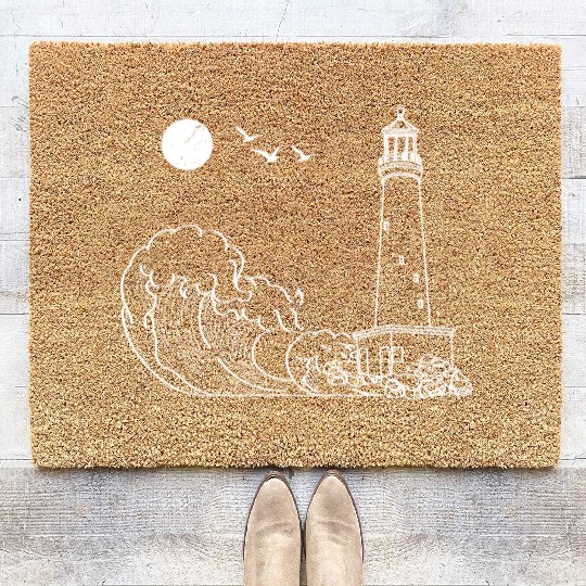 sea waves seagulls gift full moon lighthouse Coir Doormats