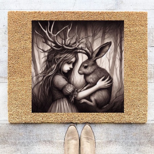 Illustration of Girl with Jackalope Coir Doormats