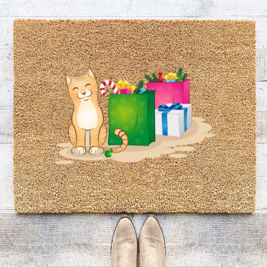 cute cat with christmas gifts Coir Doormats