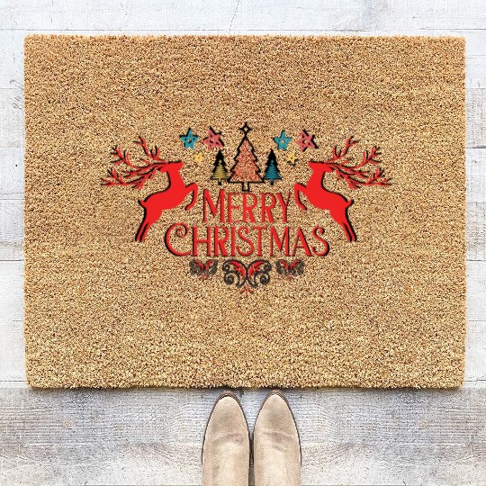 Happy Christmas Two Deer's and tree red color logo Coir Doormats