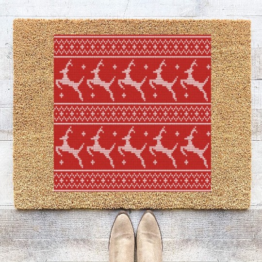 Red Ugly Sweater Christmas Flying Reindeer Coir Doormats