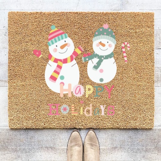 Fun Snowman Happy Holidays Colorful Christmas Coir Doormats