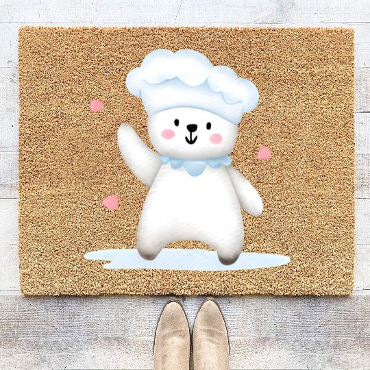 White Happy Chef Bear Coir Doormats