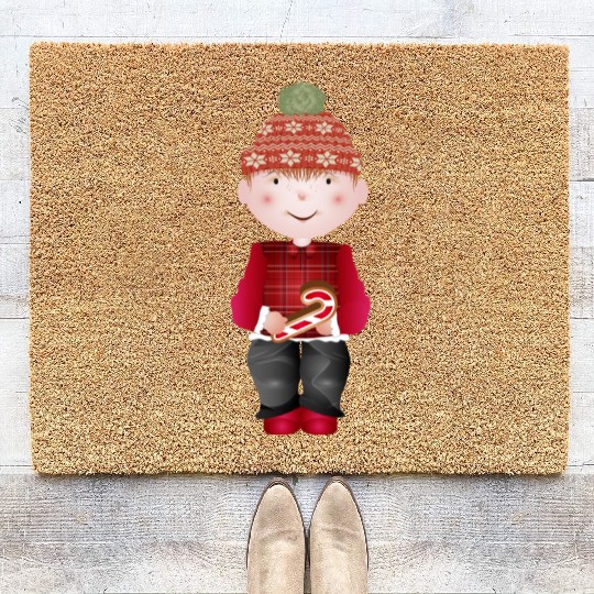 little boy with bobble hat and candy cane Coir Doormats