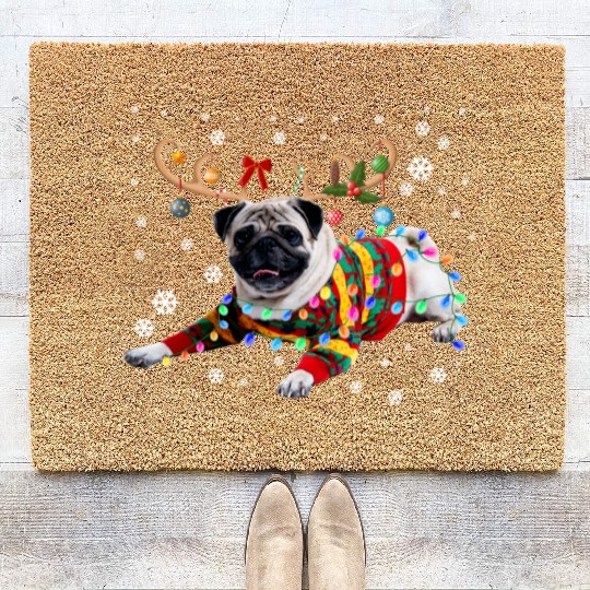 Funny Pug Dog Christmas Reindeer Christmas Lights Coir Doormats