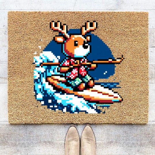Surfing Reindeer: 8-Bit Holiday Wave Coir Doormats