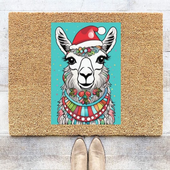 Cute llama with Christmas Hat D83C DF85 Coir Doormats