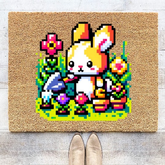 8-Bit Bunny Gardener: Retro Digital Garden Scene Coir Doormats