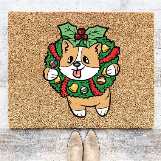 CORGI HANGIN ON CHRISTMAS DECORATION Coir Doormats