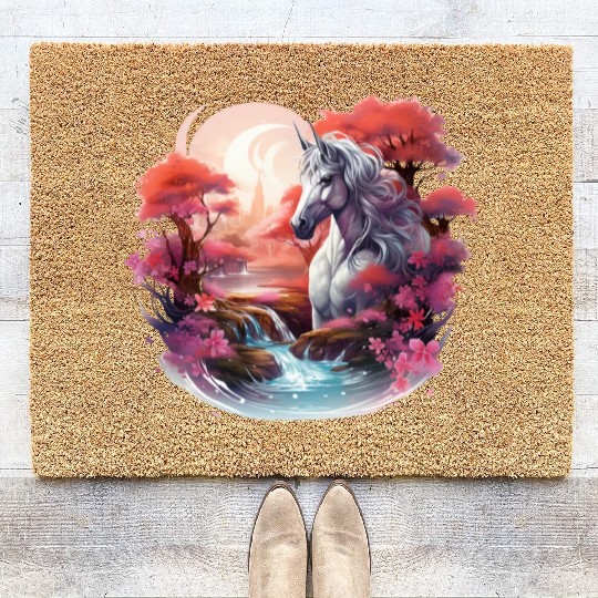 Joyful unicorn scene with a smiling unicorn Coir Doormats