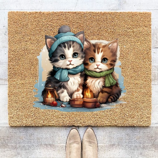 chubby kittens in Christmas stockings hanging Coir Doormats