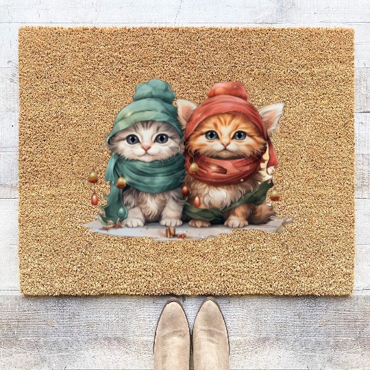 Sweet and playful Christmas kittens wearing hats Coir Doormats