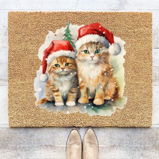 Winter Christmas Red Cats with Santa Hats Coir Doormats