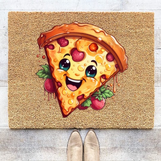A charming kawaii style pizza slice Coir Doormats