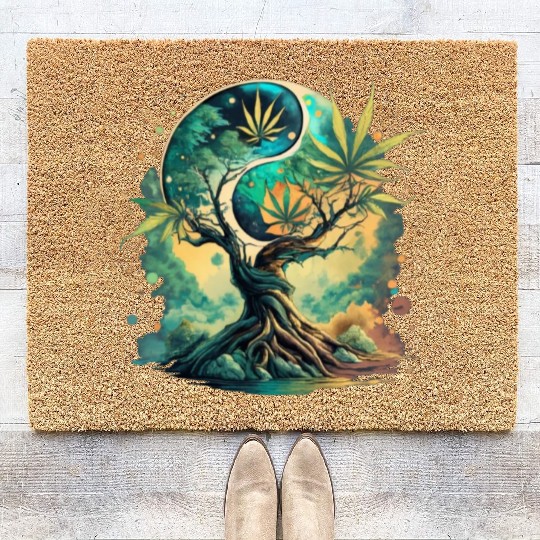Tree Of Life Yin Yang Water Color Coir Doormats