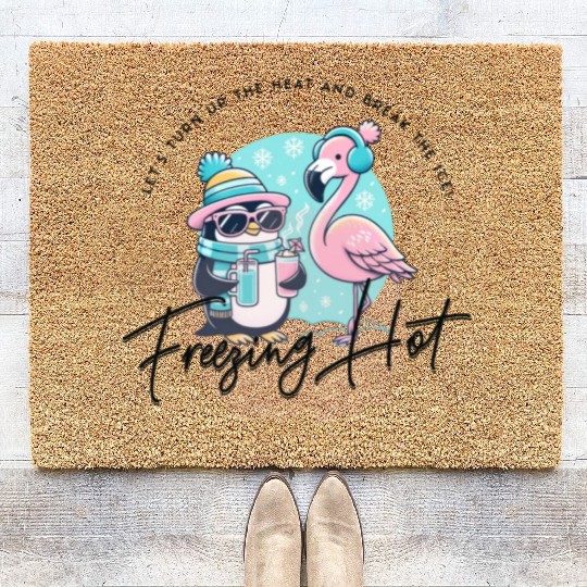 Flamingo & Penguin Freezing Hot Christmas Fun Coir Doormats