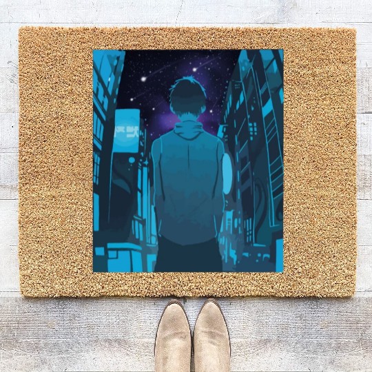 Nighttime NYC Stroll: Urban Boy Amid Skyscrapers Coir Doormats