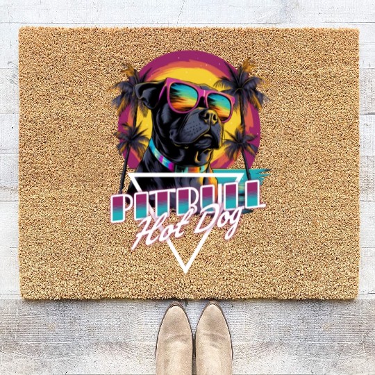 Retro Wave Pitbull Terrier Hot Dog Coir Doormats