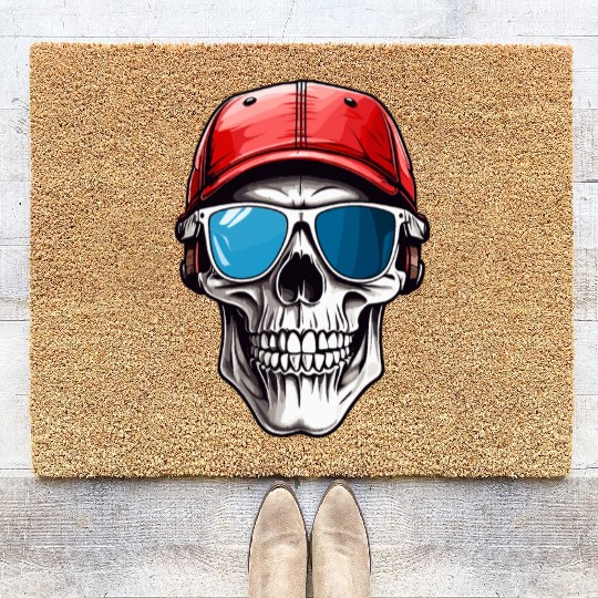 Skull Sunglasses and Baseball Cap Coir Doormats Design