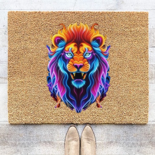 Roaring Spectrum: Colorful Lion Face Coir Doormats