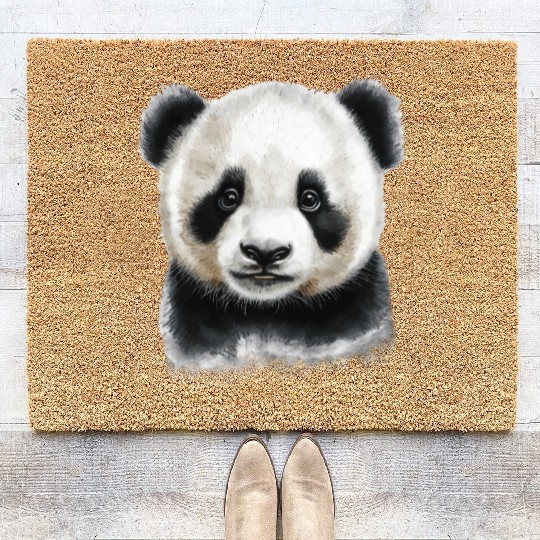 Cute Panda Bear Cub Watercolor Painting Portrait Coir Doormats