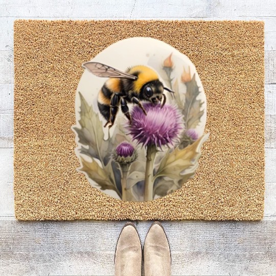 Bumblebee on thistle watercolor Coir Doormats