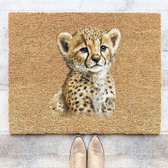 Cheetah Baby Watercolor Painting Portrait Coir Doormats