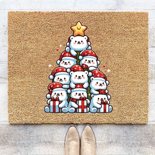 Polar Bear Christmas Tree Merry Christmas Coir Doormats