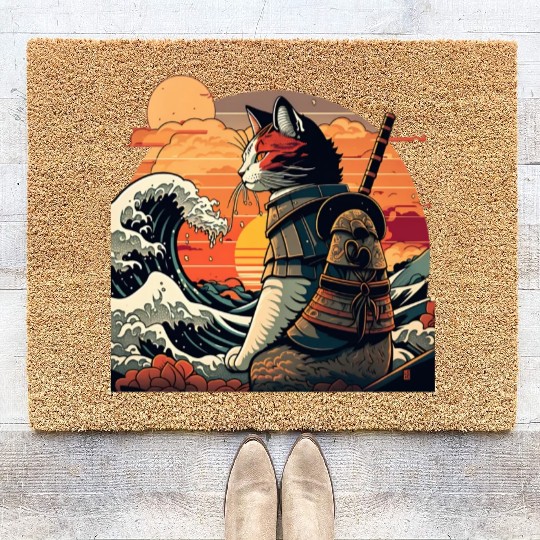 Samurai Cat vs The Great Wave Coir Doormats
