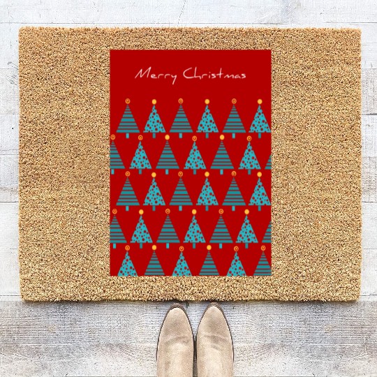 Merry Christmas Teal Christmas Trees on Red Coir Doormats