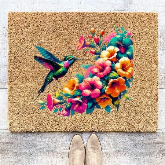 Hummingbird and Hibiscus Blossom Art Coir Doormats