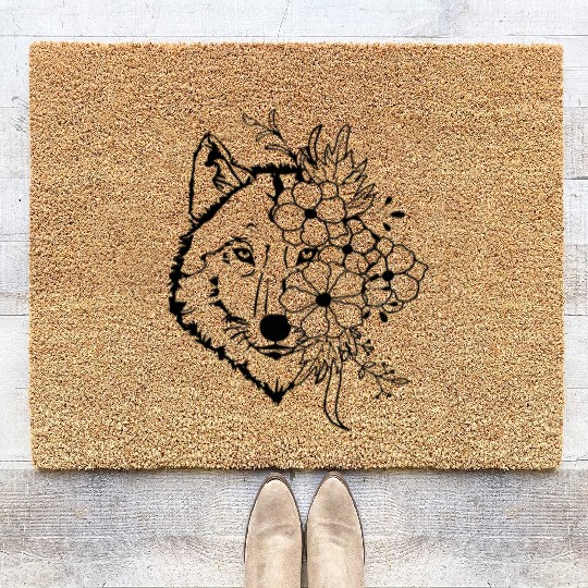 Floral Wolf Vintage Flowers Wolf Face for Wolves Coir Doormats