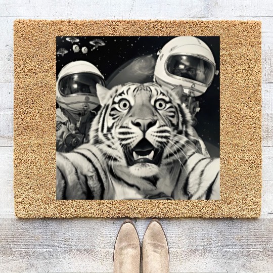 Funny Graphic Coir Doormats Tiger Selfie with Alien UFOs