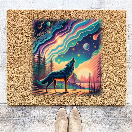Majestic Wolf Howling At The Eclipse Coir Doormats