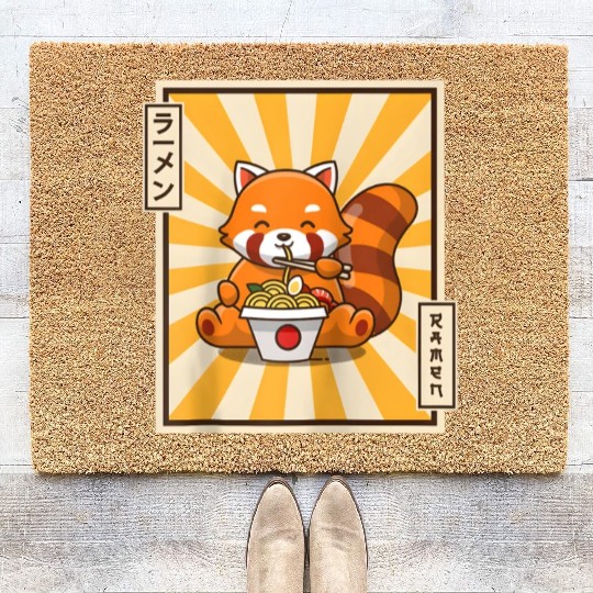 Red Panda Eating Japanese Ra Kawaii Red Panda Base Coir Doormats