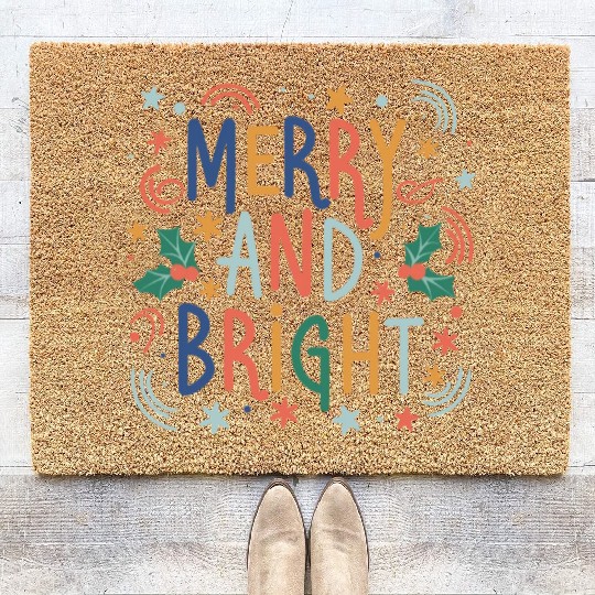 Merry and Bright Colorful Pastel Christmas Design Coir Doormats