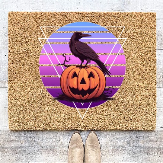 Raven Crow On Pumpkin Vaporwave Halloween Pagan Ae Coir Doormats
