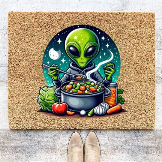 Alien chef cooks vegetable soup Coir Doormats